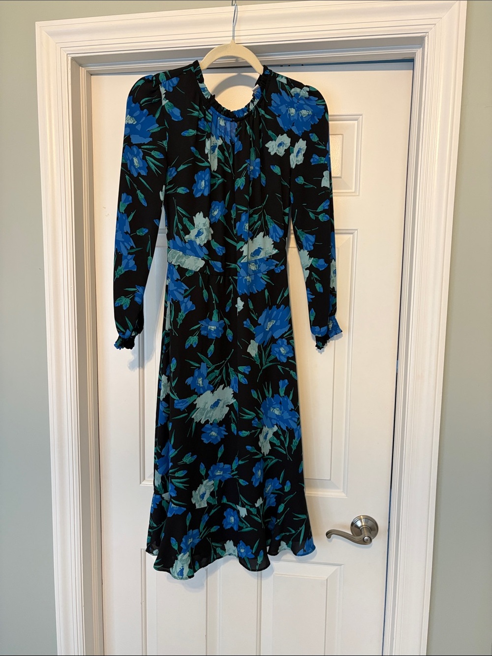 J. Crew Floral Long Sleeve Midi Dress in Blue and Black